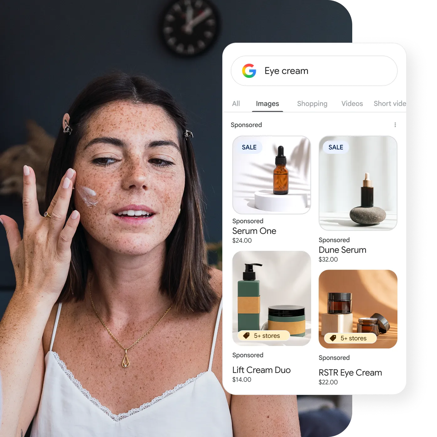 A Google Image search for “eye cream” with sponsored shopping results.